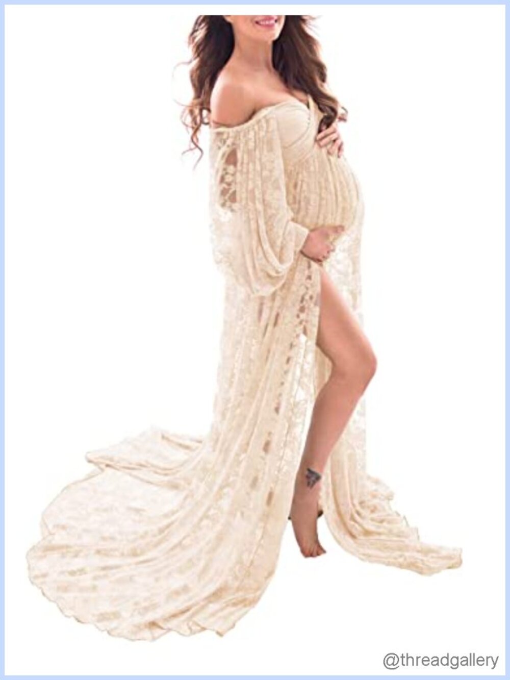 Sheer Lace Off Shoulder Maternity Maxi Dress Photoshoot